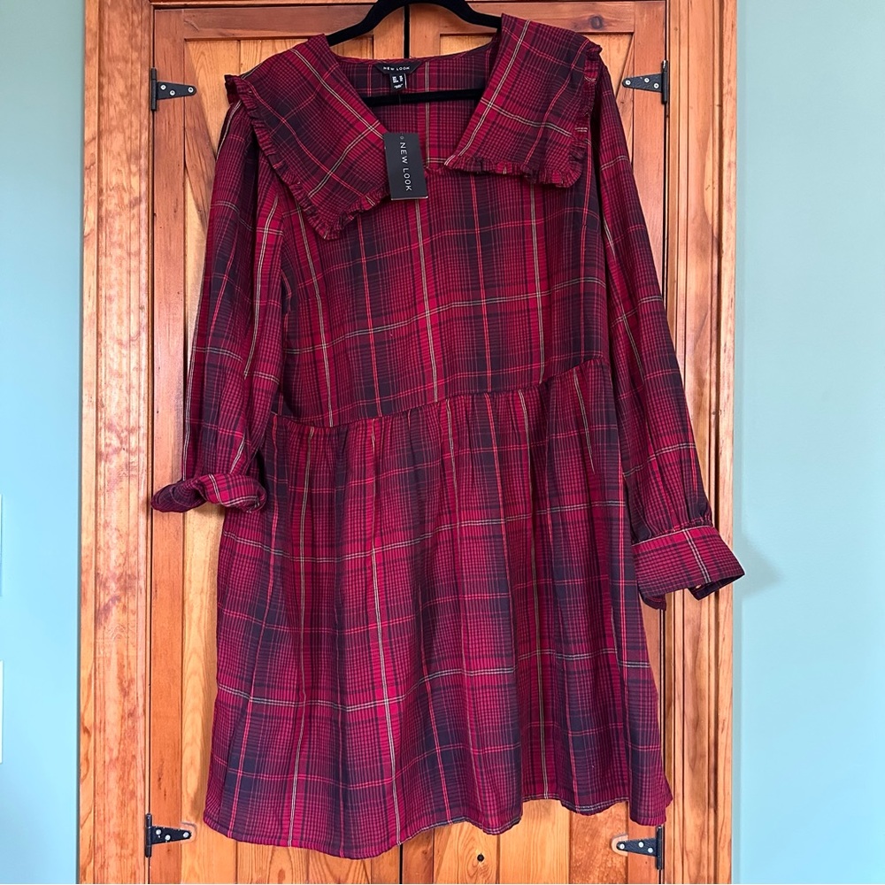 New Look Red Plaid Long Sleeve Dress